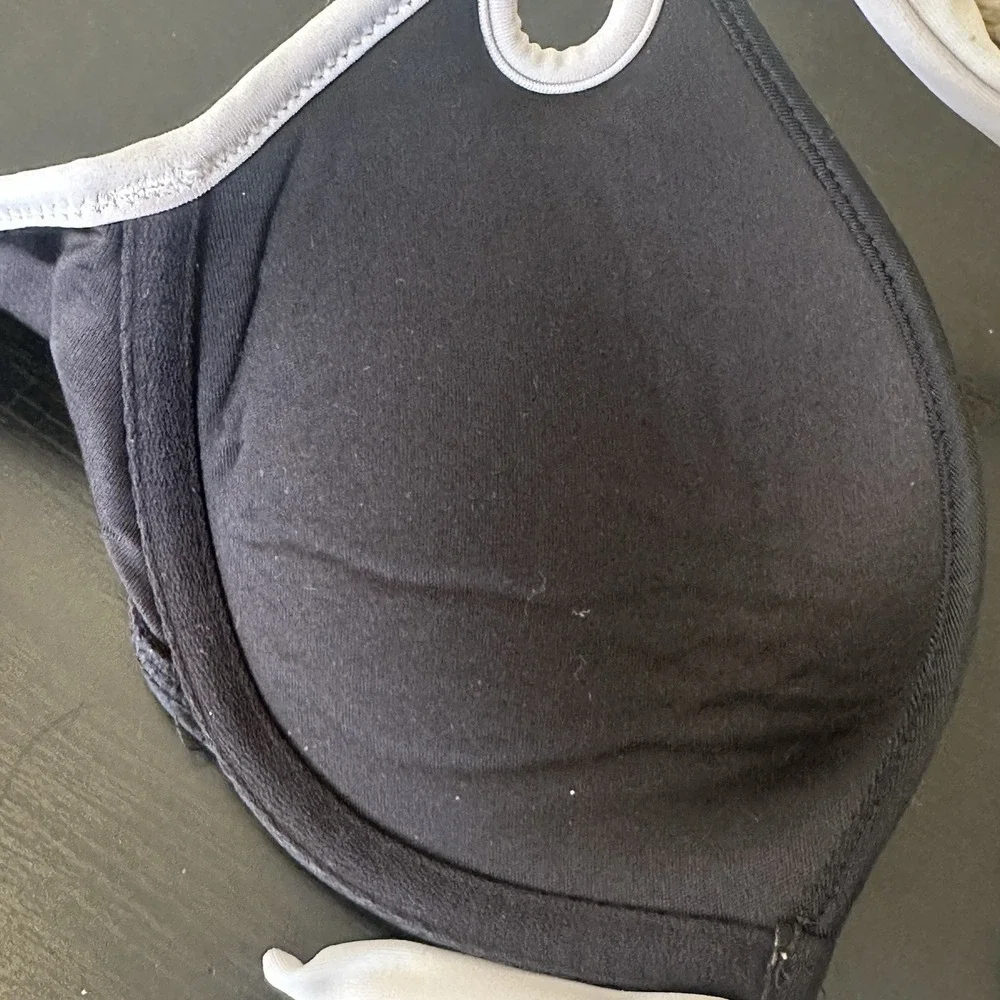 Victorias Secret Bikini Top Black Cream Halter Tie Bow Front 34a